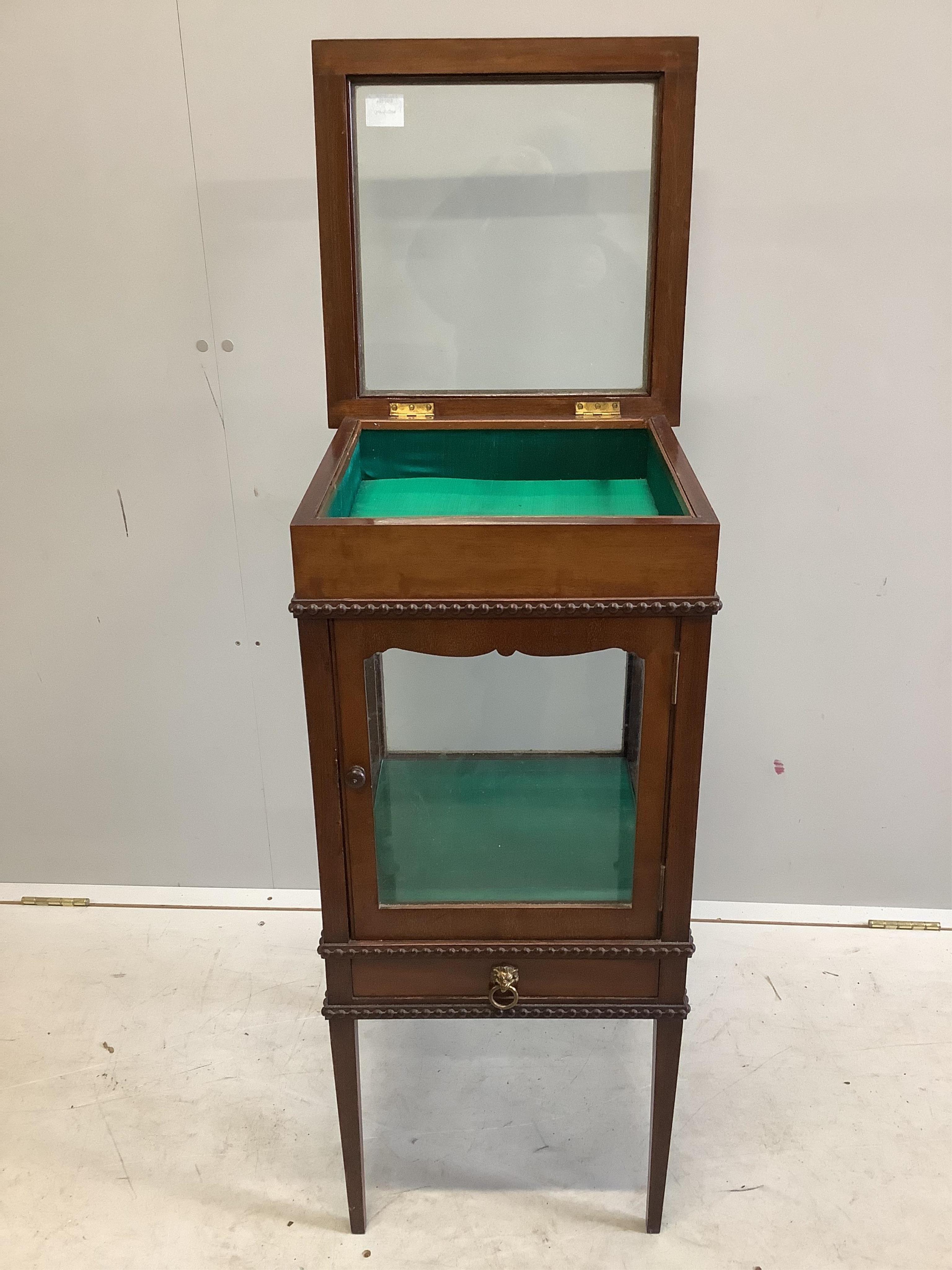 An Edwardian mahogany bijouterie cabinet, width 40cm, depth 39cm, height 88cm. Condition - fair to good